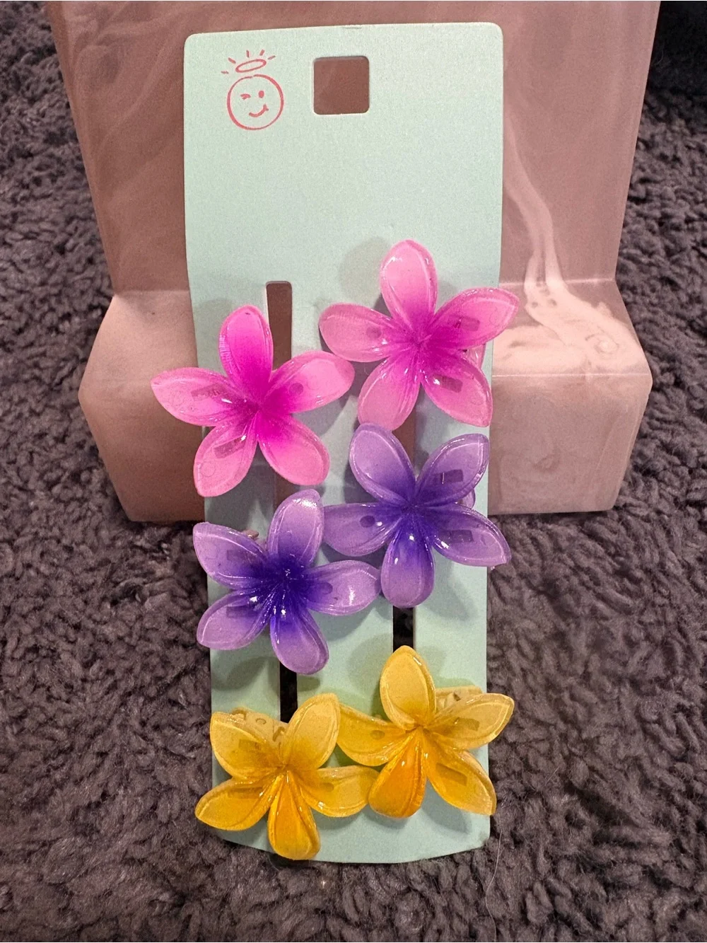 NWT set of 6 colorful flower hair clips - 2 pink, 2 purple, and 2 yellow